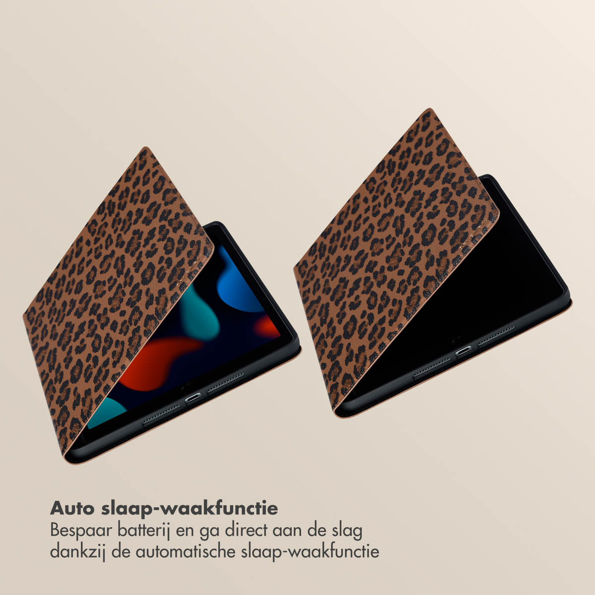 Two leopard print tablet cases, one open. Text at the bottom describes the auto sleep/wake function.