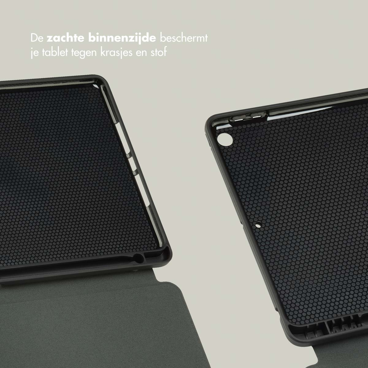 Two black tablet case halves. One with a honeycomb interior, and the other with a smooth interior.