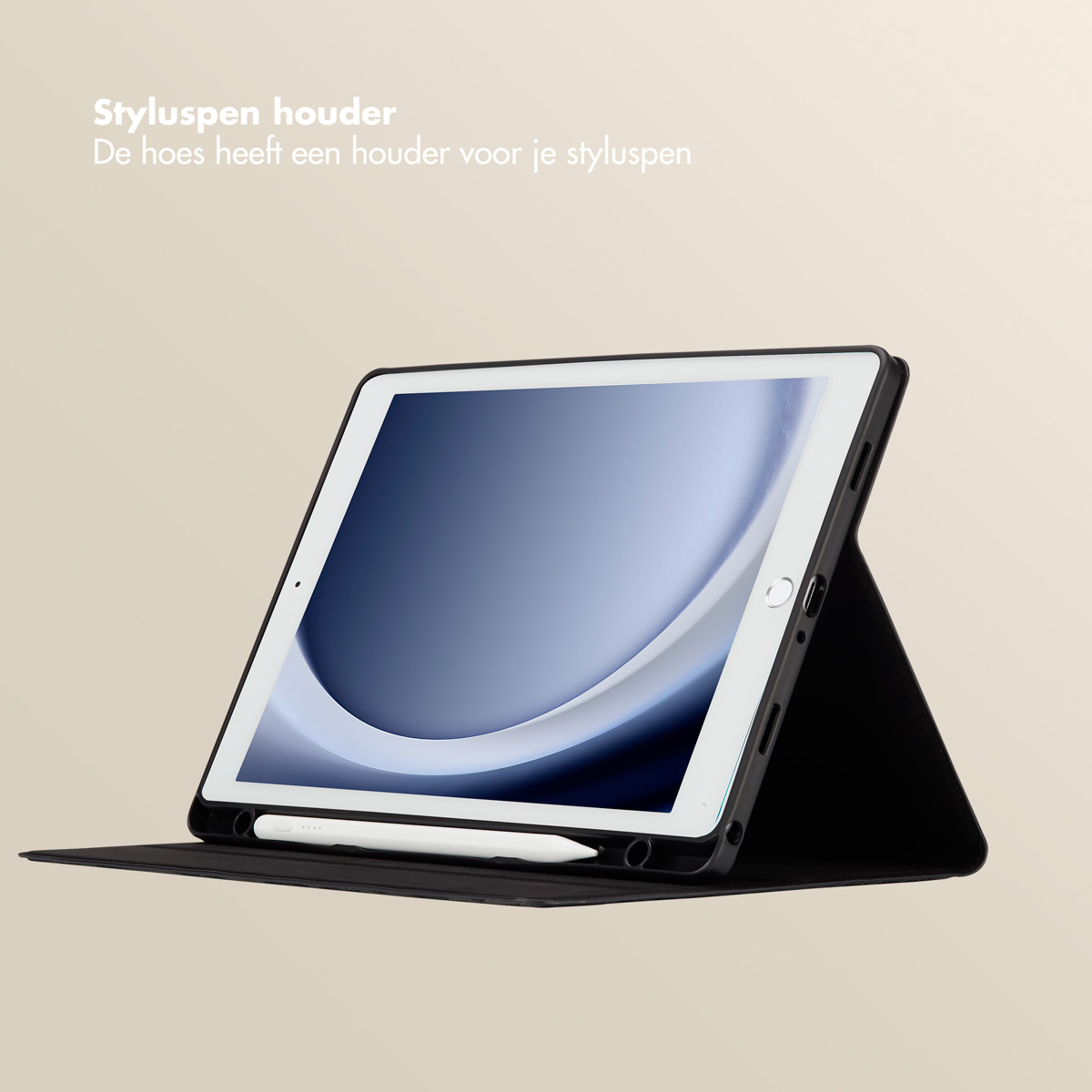 Tablet in a black case, with a white stylus pen. The case is propped up. Background is a light tan color.