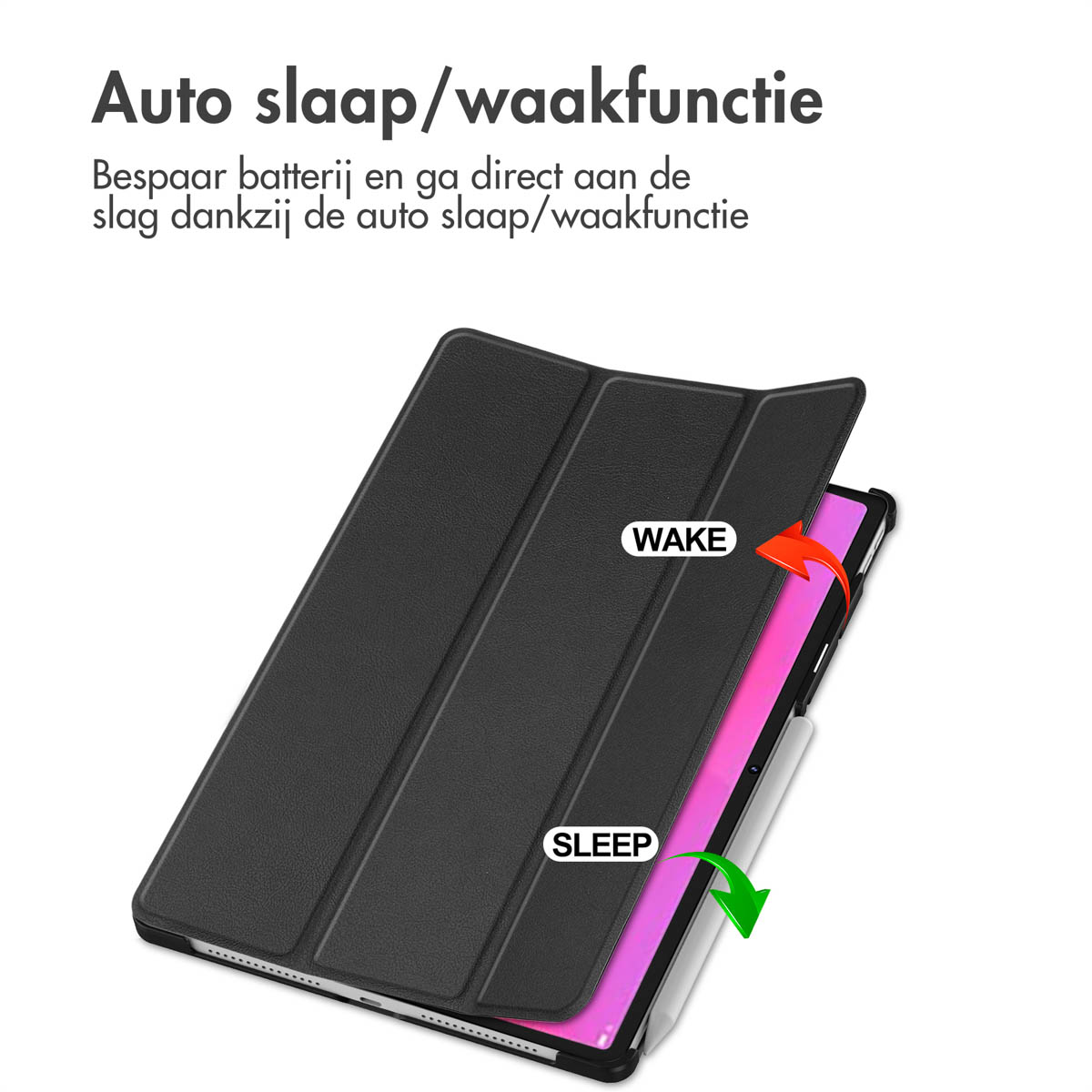 Black tablet case open, with a white stylus pen. Text on top, with 'WAKE' and 'SLEEP' labels.