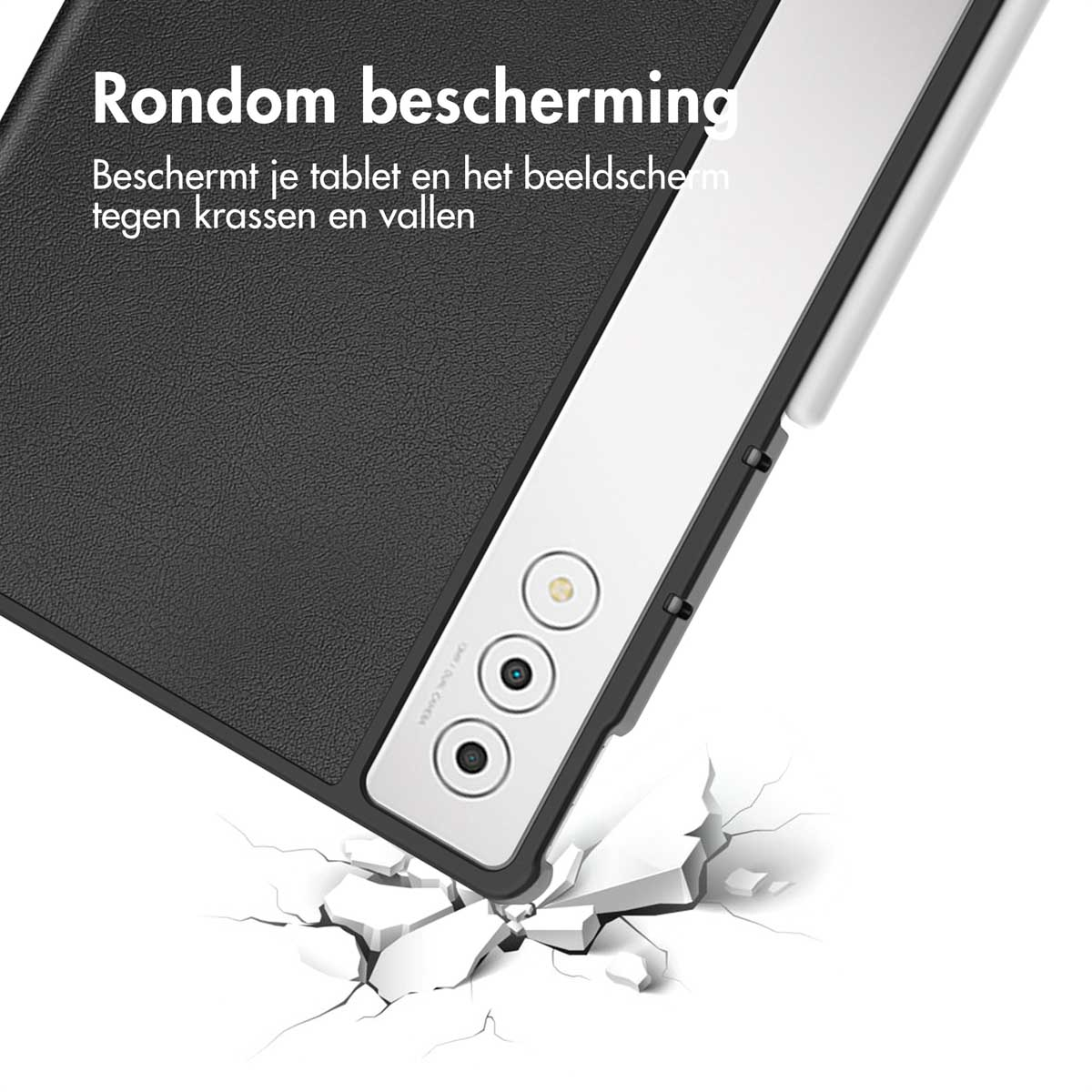 A tablet case is shown being dropped on a surface, cracking it. The case is black.