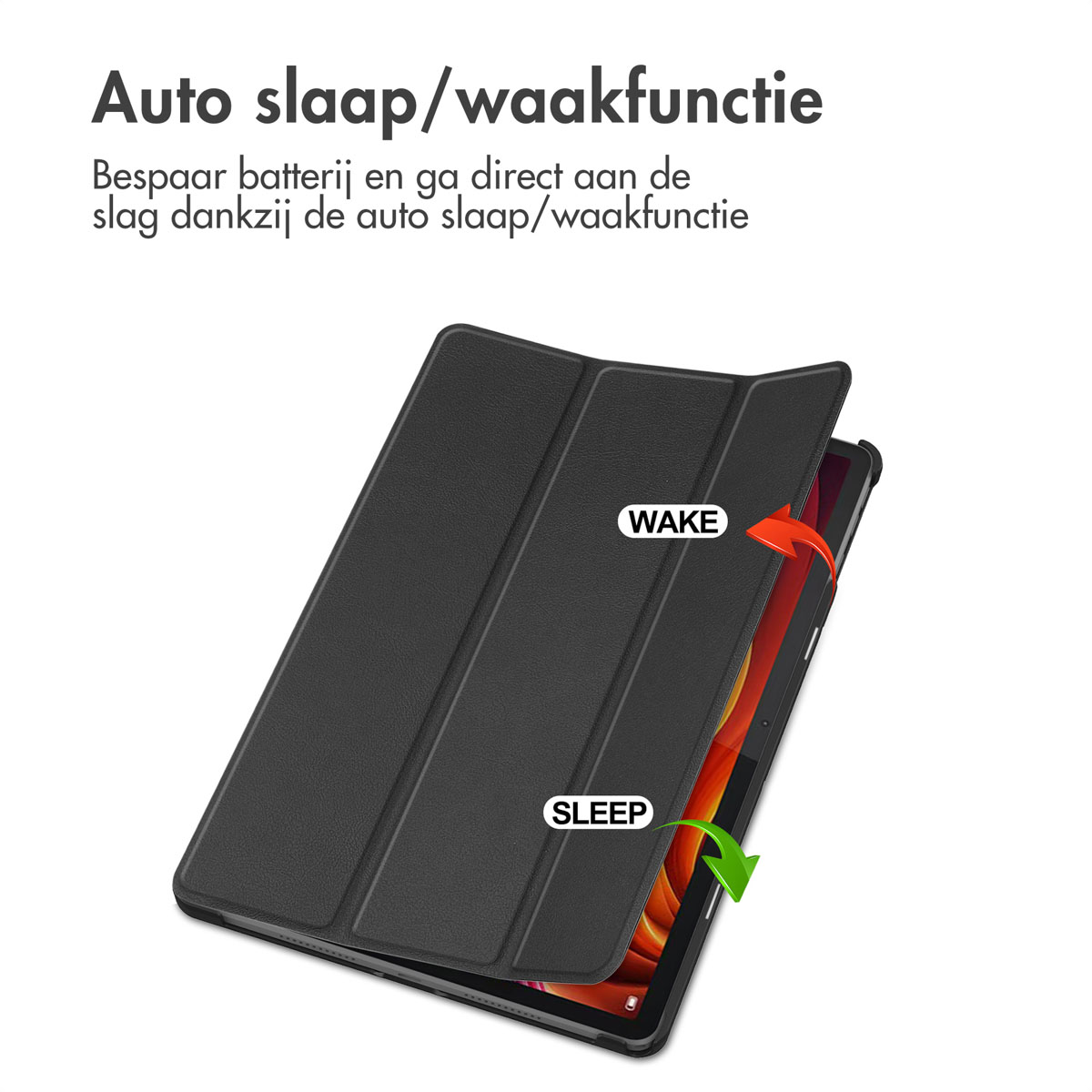 Black tablet case open. Text on the top, with 'WAKE' and 'SLEEP' labels. Black tablet inside.