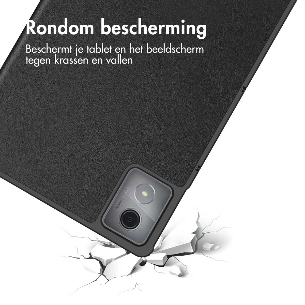 A tablet case is shown being dropped on a surface, cracking it. The case is black.