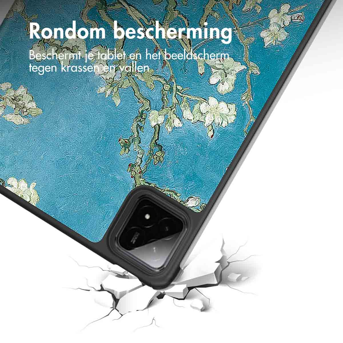 A tablet case with a Van Gogh painting design is shown being dropped.