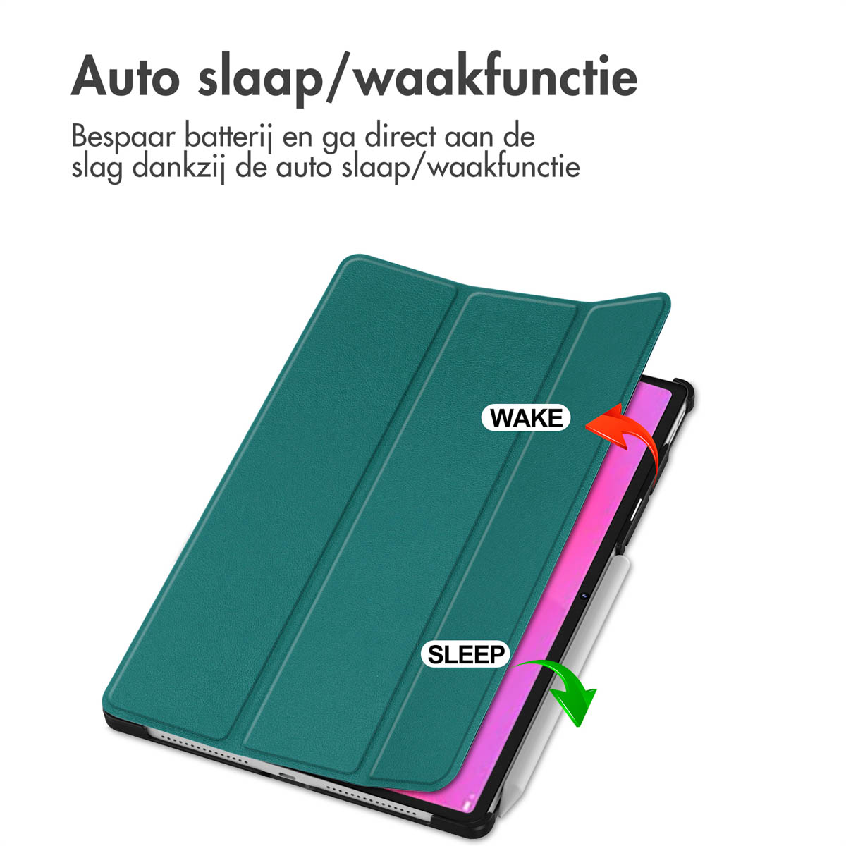 Green tablet case open. Text on the top, with 'WAKE' and 'SLEEP' labels, and a white stylus pen.