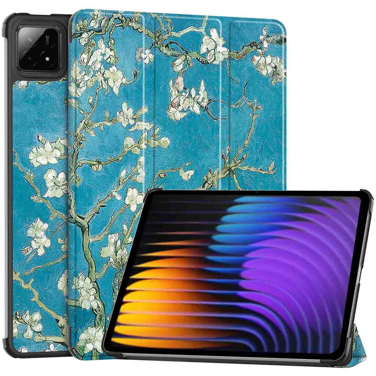 A tablet in a case is shown with a Van Gogh painting design. The case is standing up.