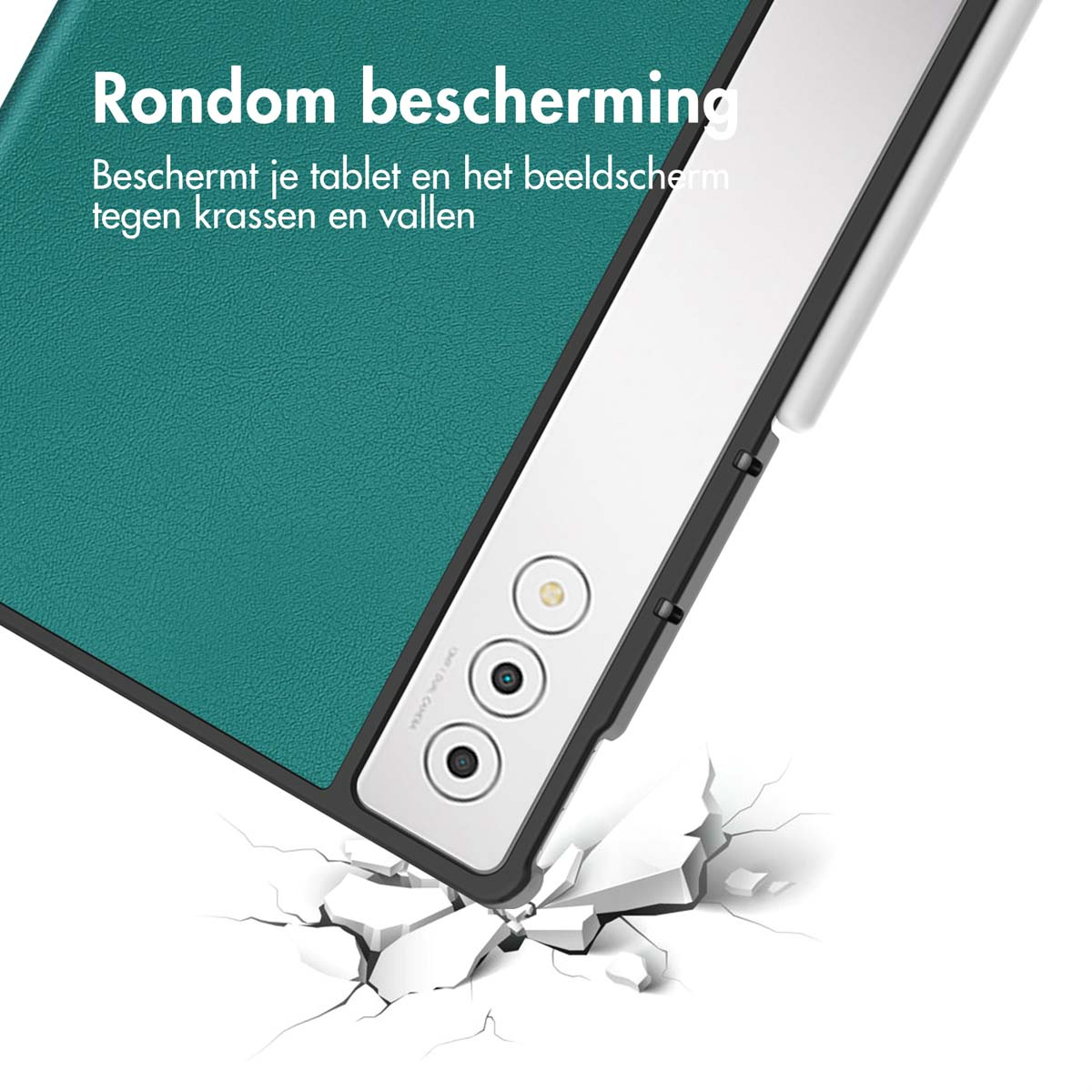Close-up of a tablet case with a stylus pen on a surface that appears to be breaking.