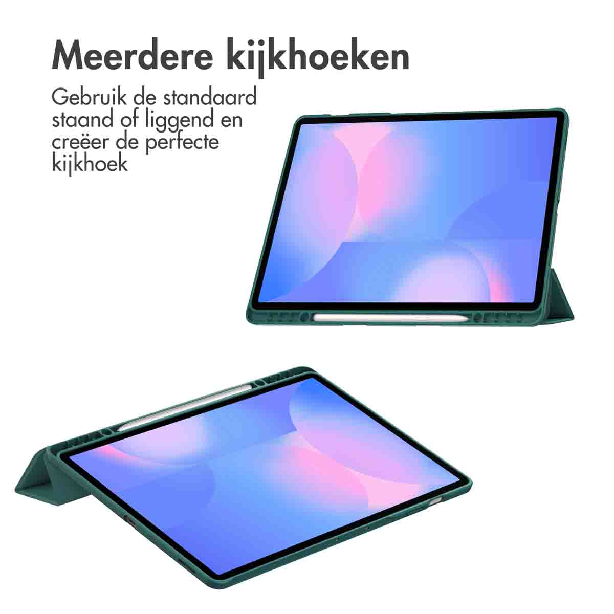 Tablets in cases. The cases have different angles. Text at the top says 'Meerder kijkhoeken' (Multiple viewing angles).