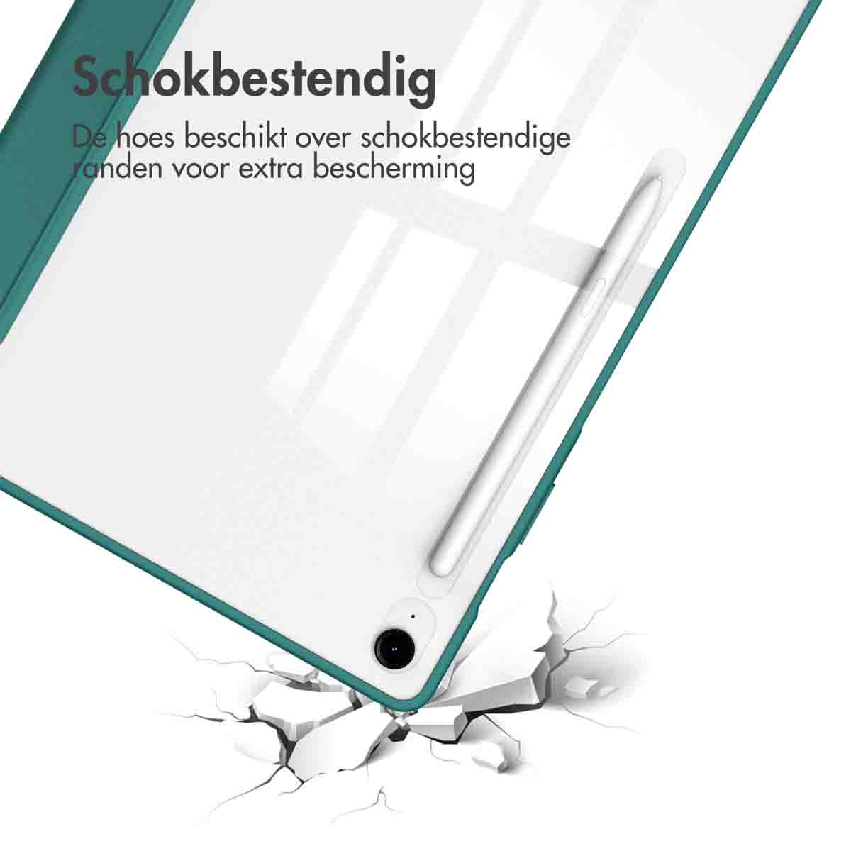 Close-up of a tablet case and stylus on a surface that appears to be breaking. White background.