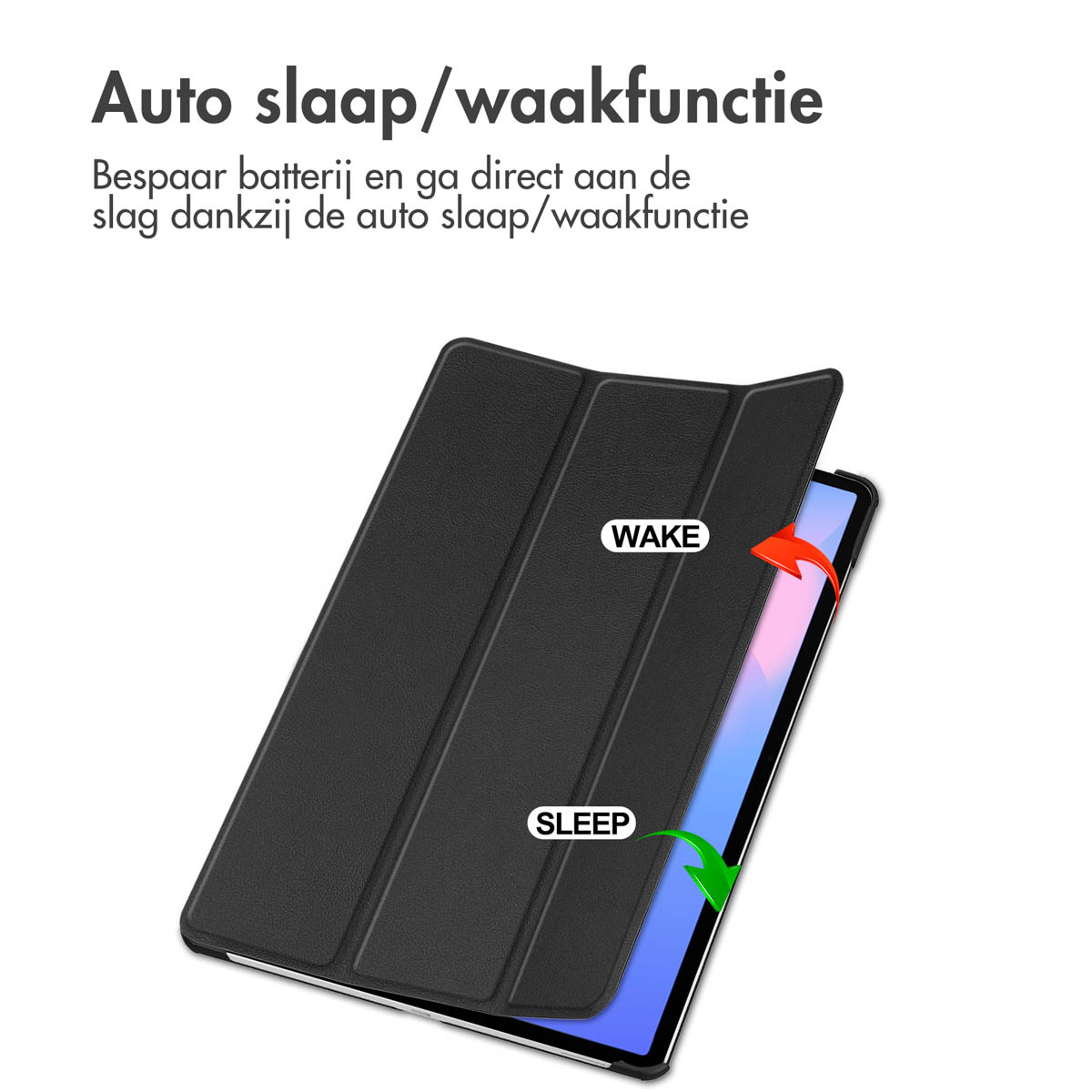 Een tablethoes is open en toont de wake- en sleepfunctie. De hoes is zwart.
