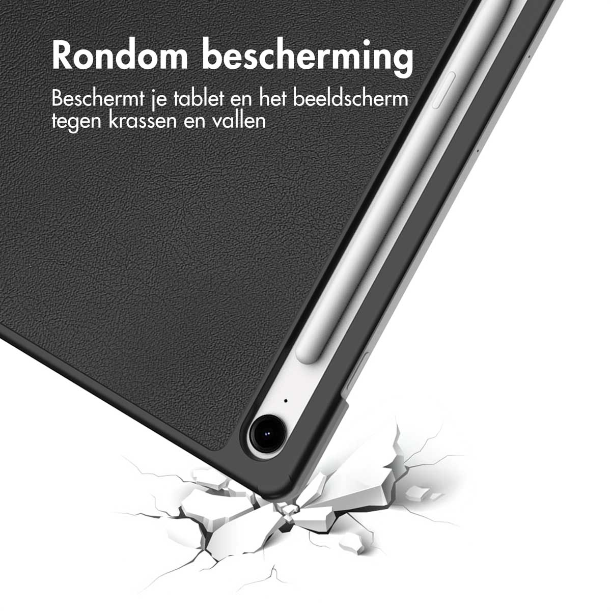 Close-up van een tablethoes met een stylus pen op een brekend oppervlak.