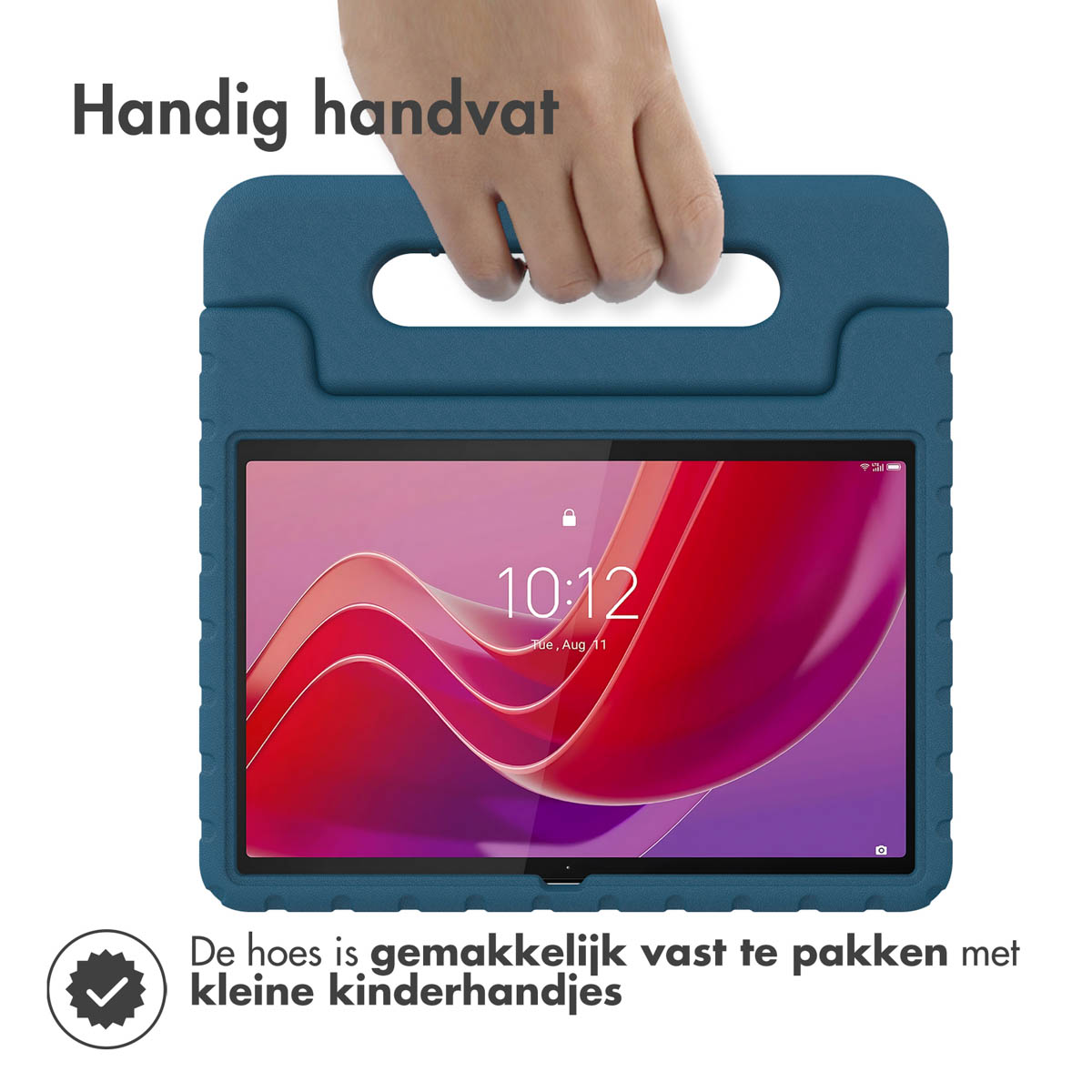 Hand holding a blue tablet case with a handle, holding a tablet showing the time.