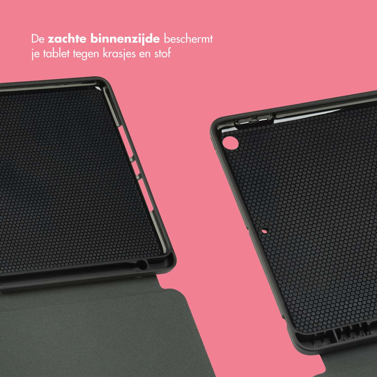 Open tablet case interior, showing honeycomb pattern on black surface.