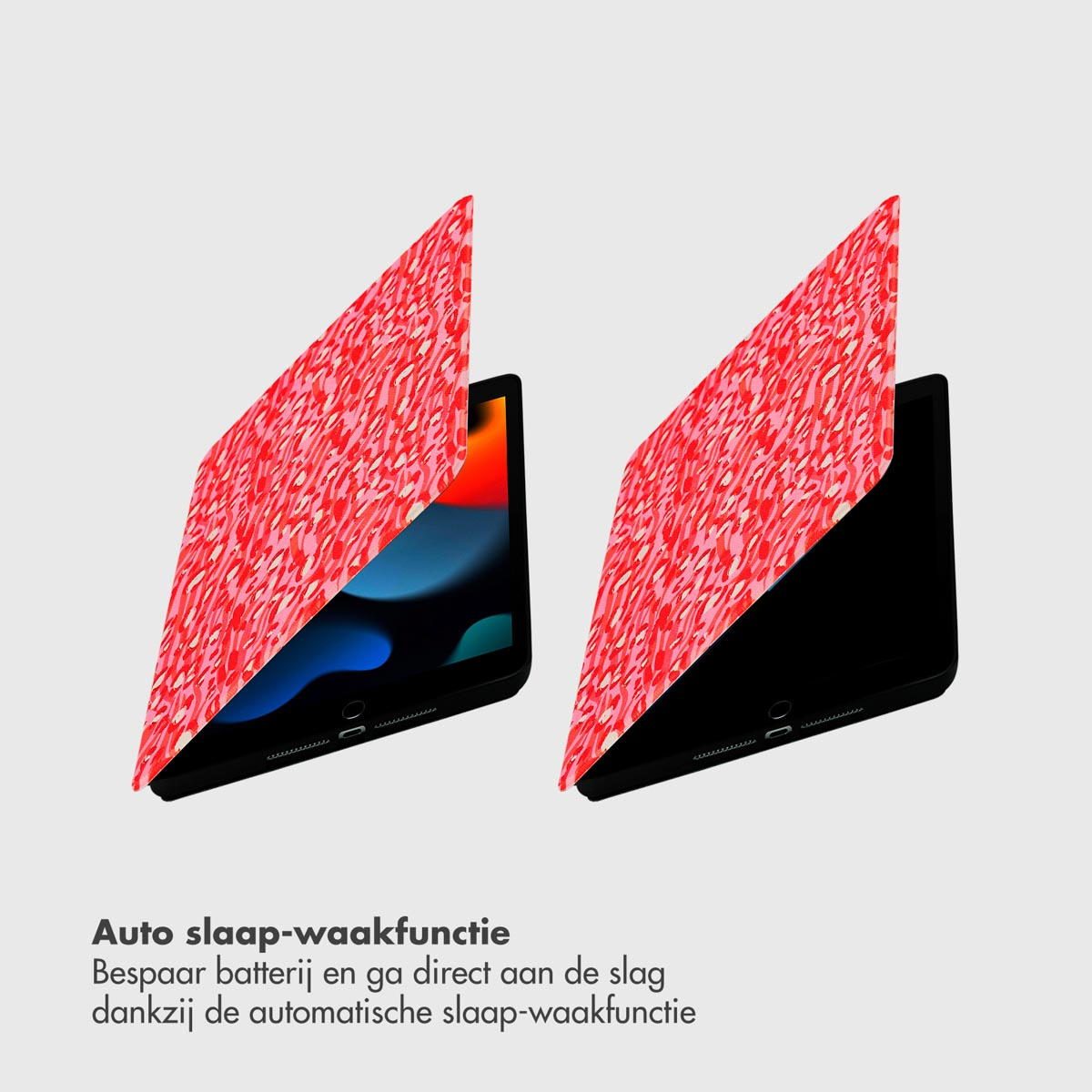 Two red patterned tablet cases, one open. Text at the bottom describes the auto sleep/wake function.