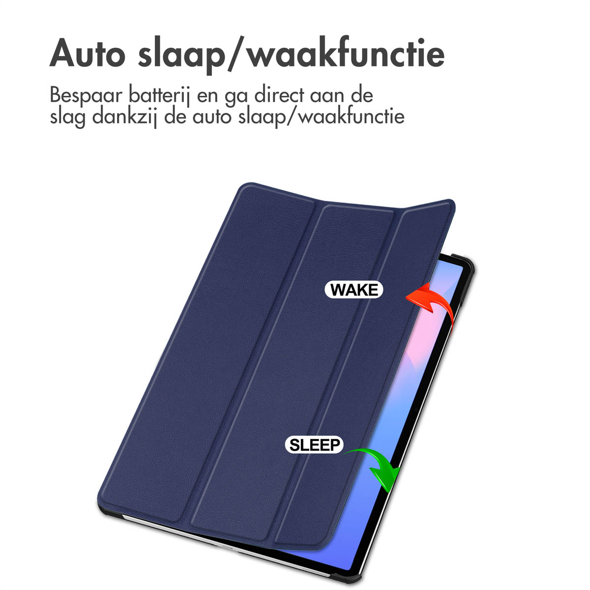 Tablette avec couverture bleue, ouverte montrant l'écran, texte : Wake/Sleep, flèches rouges/vertes.