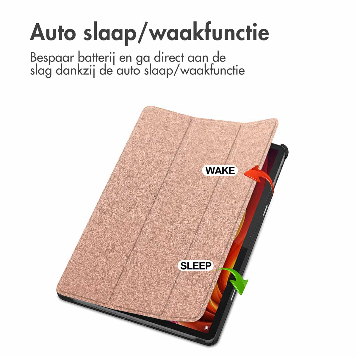 A tablet case is open and shows the wake and sleep function. The case is peach colored.