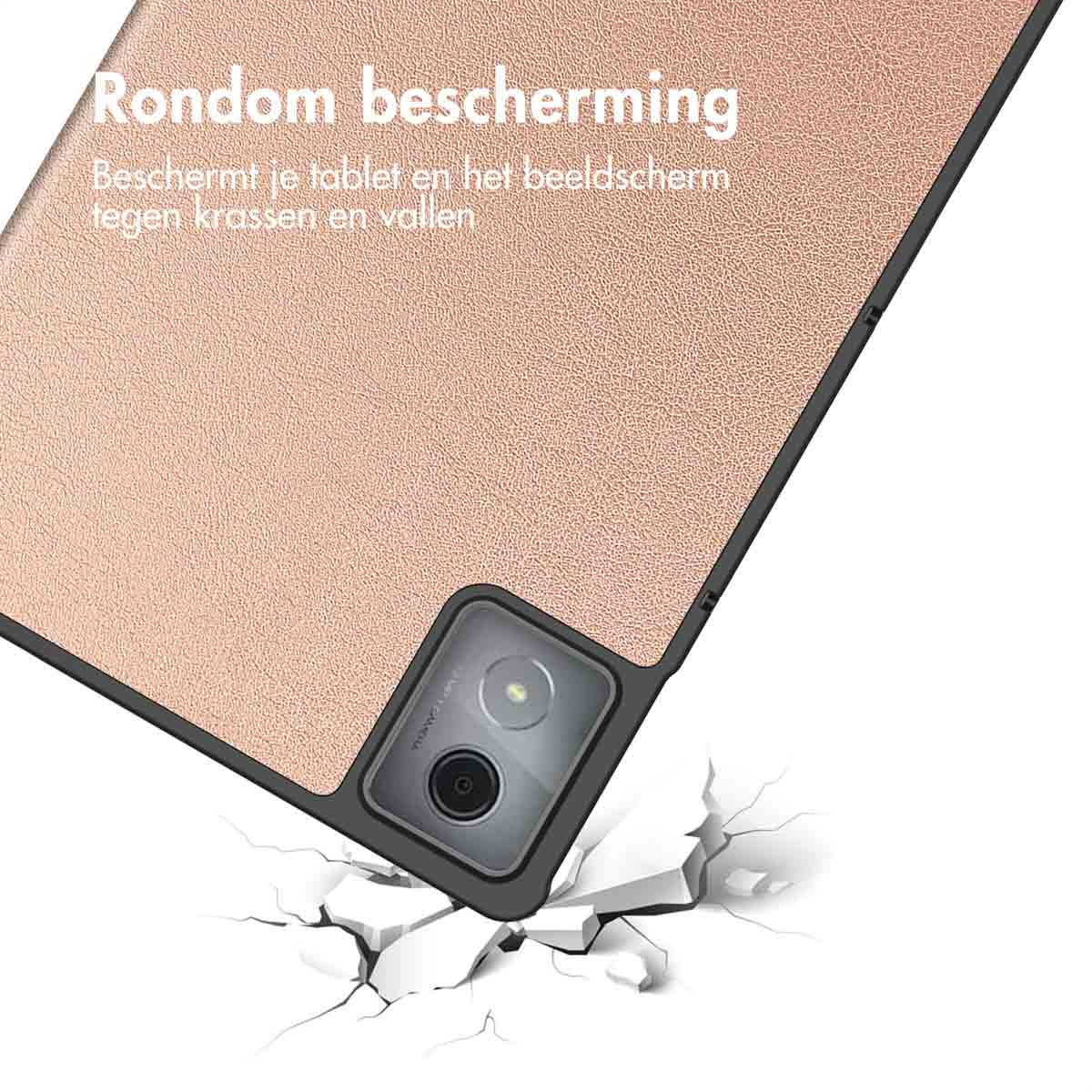 A tablet case is shown being dropped on a surface, cracking it. The case is peach colored.