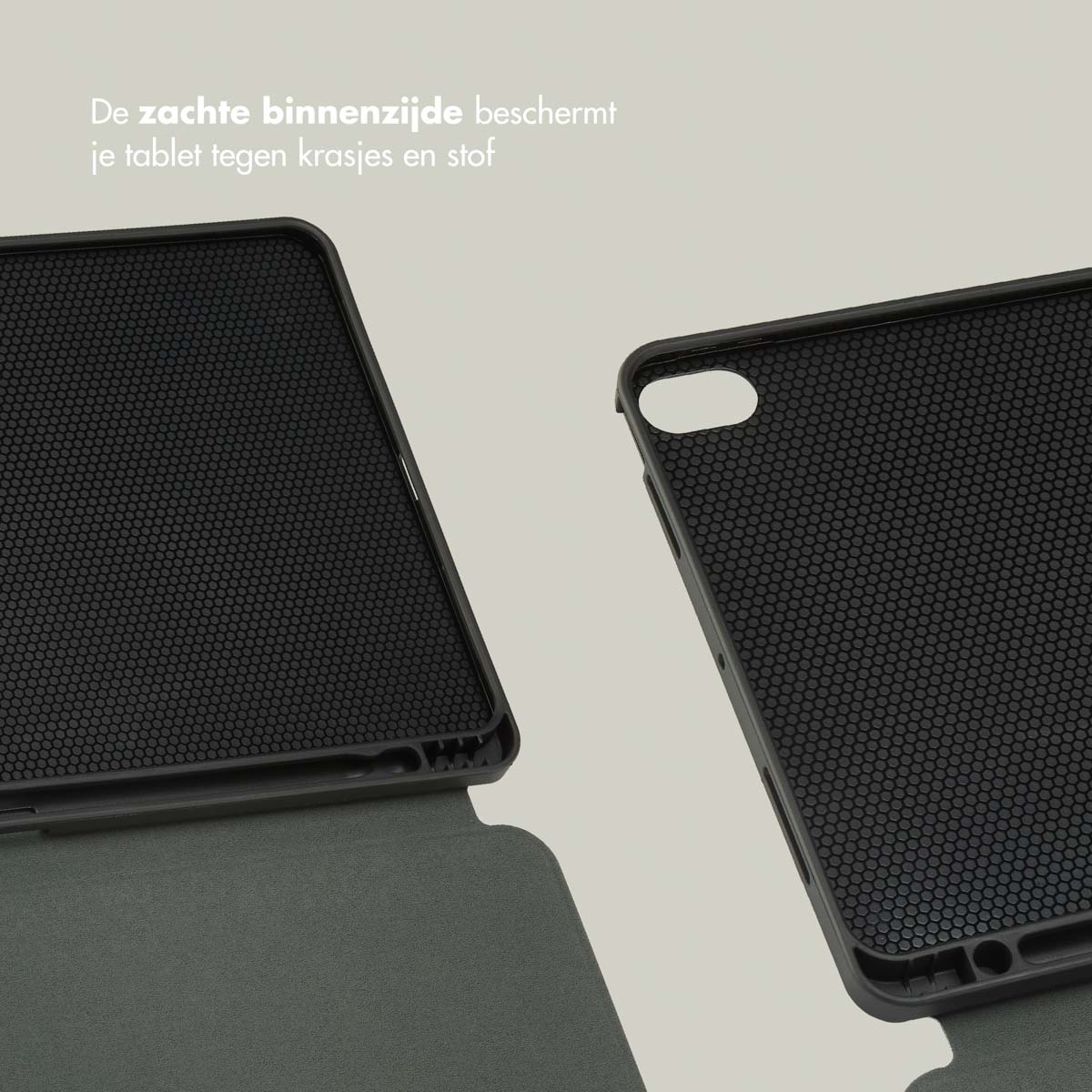Open tablet case interior, showing honeycomb pattern on black surface.