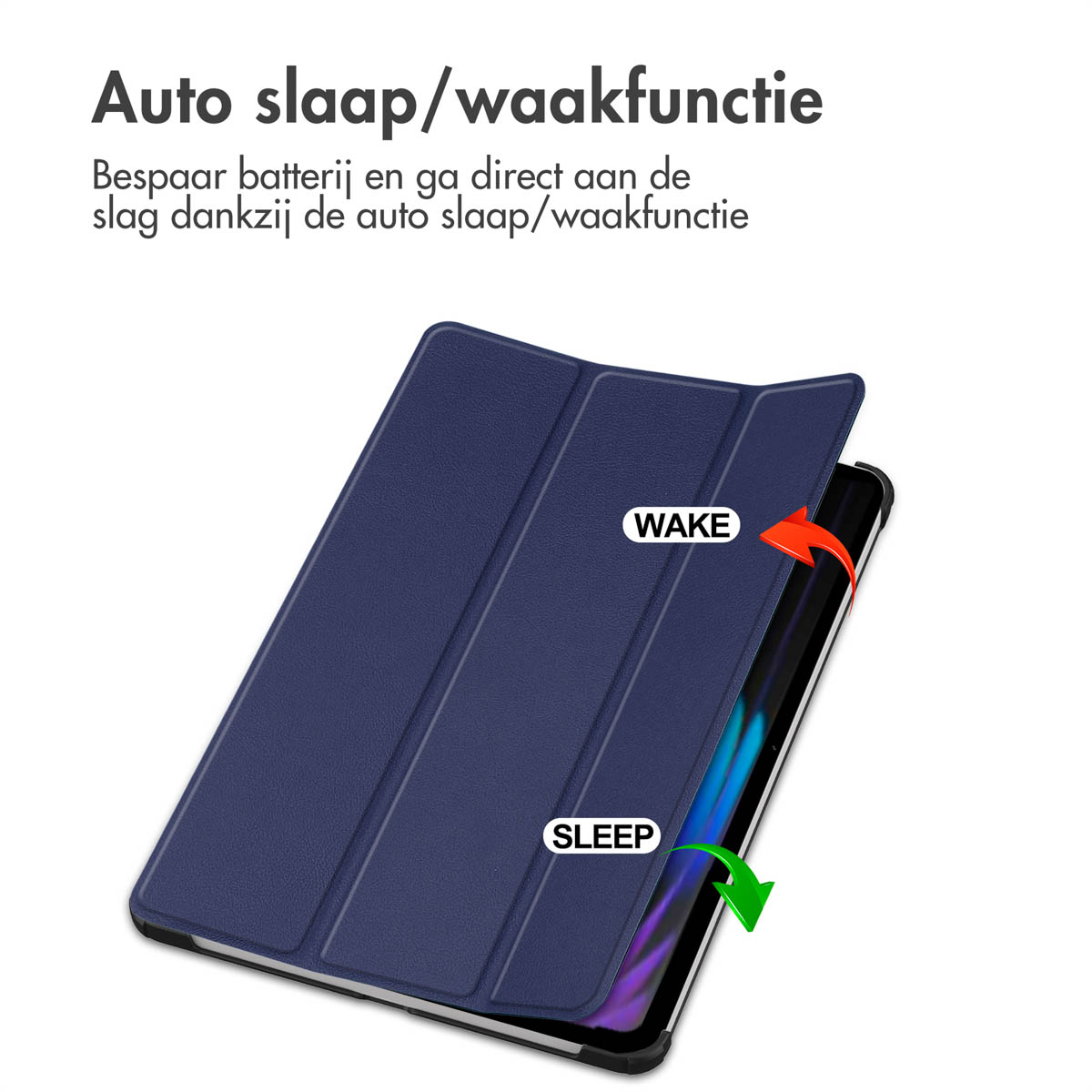 A tablet case is open and shows the wake and sleep function. The case is dark blue.