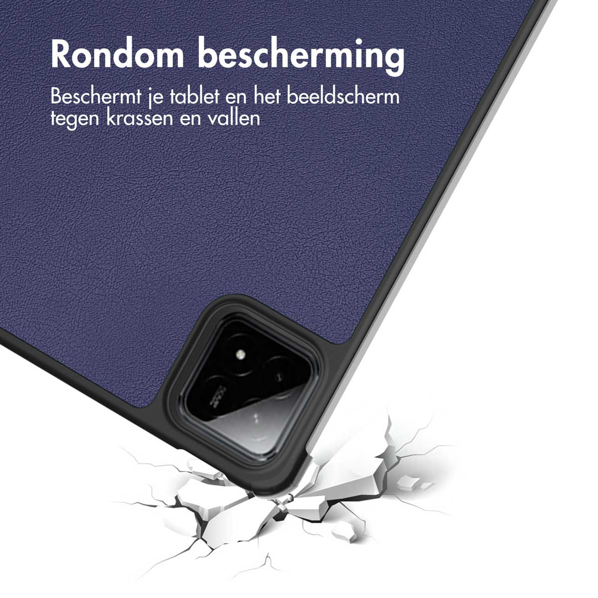 Tablet case with dark blue cover, cracked ground effect, camera visible.