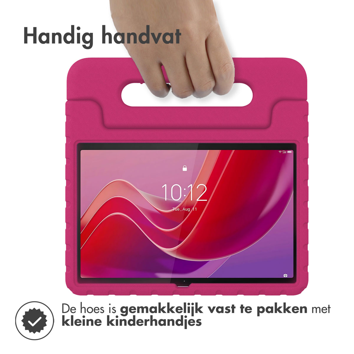 Hand holding a pink tablet case with a handle, holding a tablet showing the time.