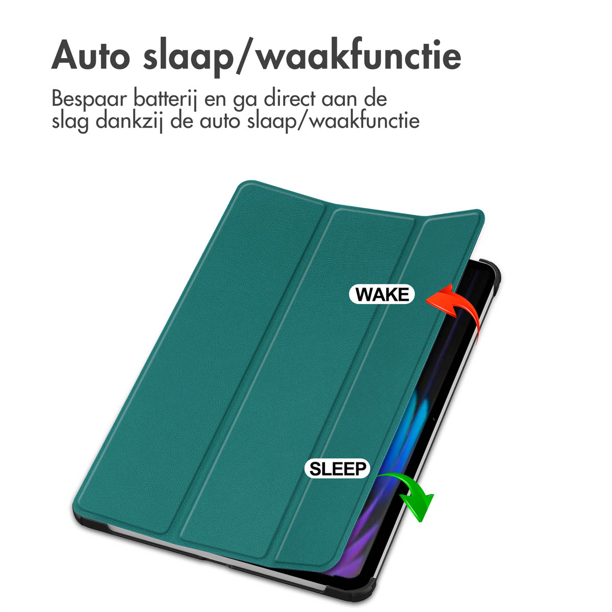 A tablet case is open and shows the wake and sleep function. The case is teal colored.