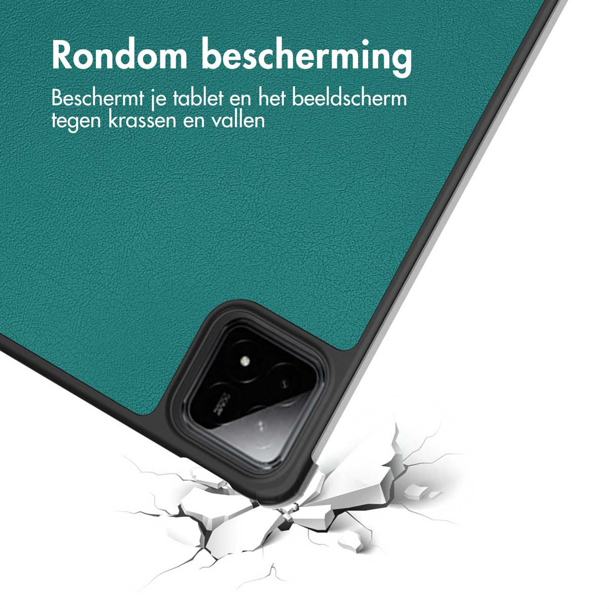 Tablet case with teal cover, cracked ground effect, camera visible.