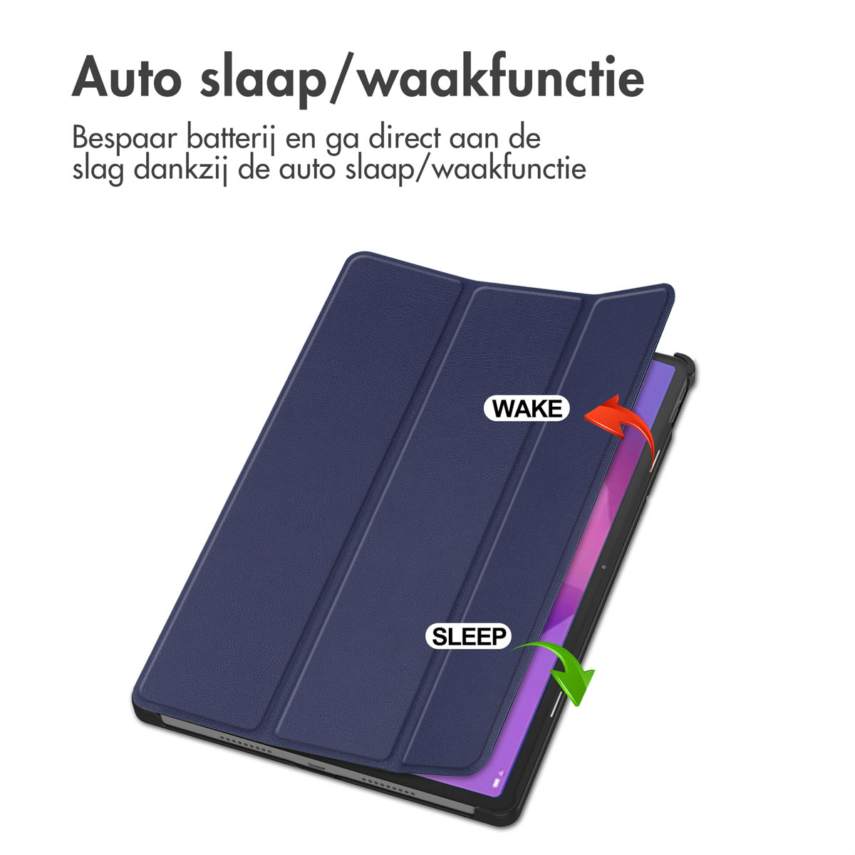 Blauwe tablethoes, open en dicht. Toont labels 'WAKE' en 'SLEEP' met pijlen. Witte achtergrond.