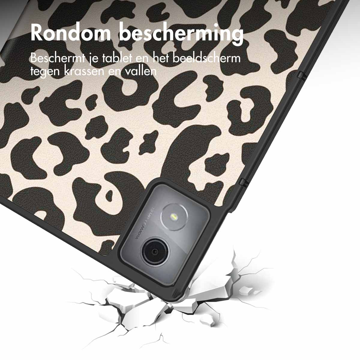 Tablet case with leopard print cover, cracked ground effect, camera visible.