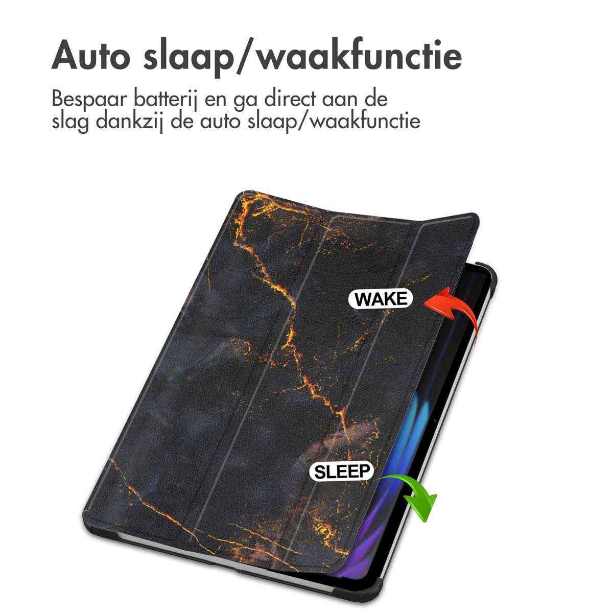 Tablet with black marble-like cover, open showing screen, text: Wake/Sleep.
