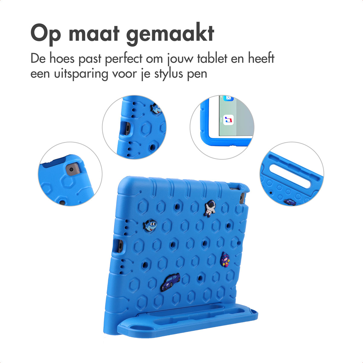 Blue tablet case with various cutouts, including for a stylus pen.