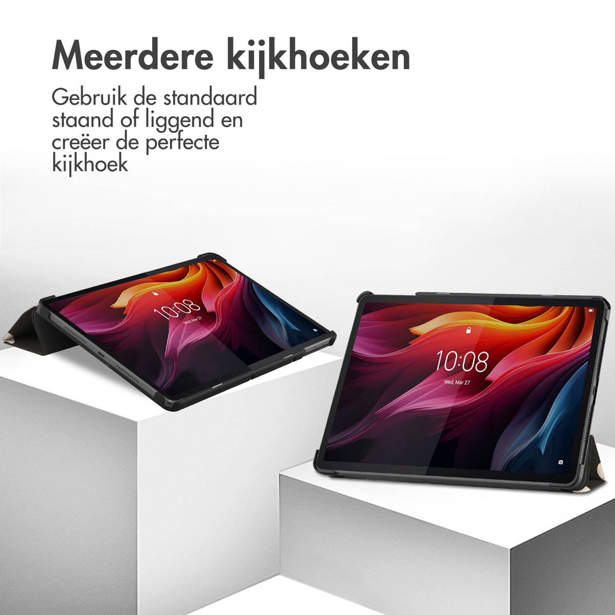 Two tablets on white blocks. Each tablet displays a colorful abstract image. Beige background.