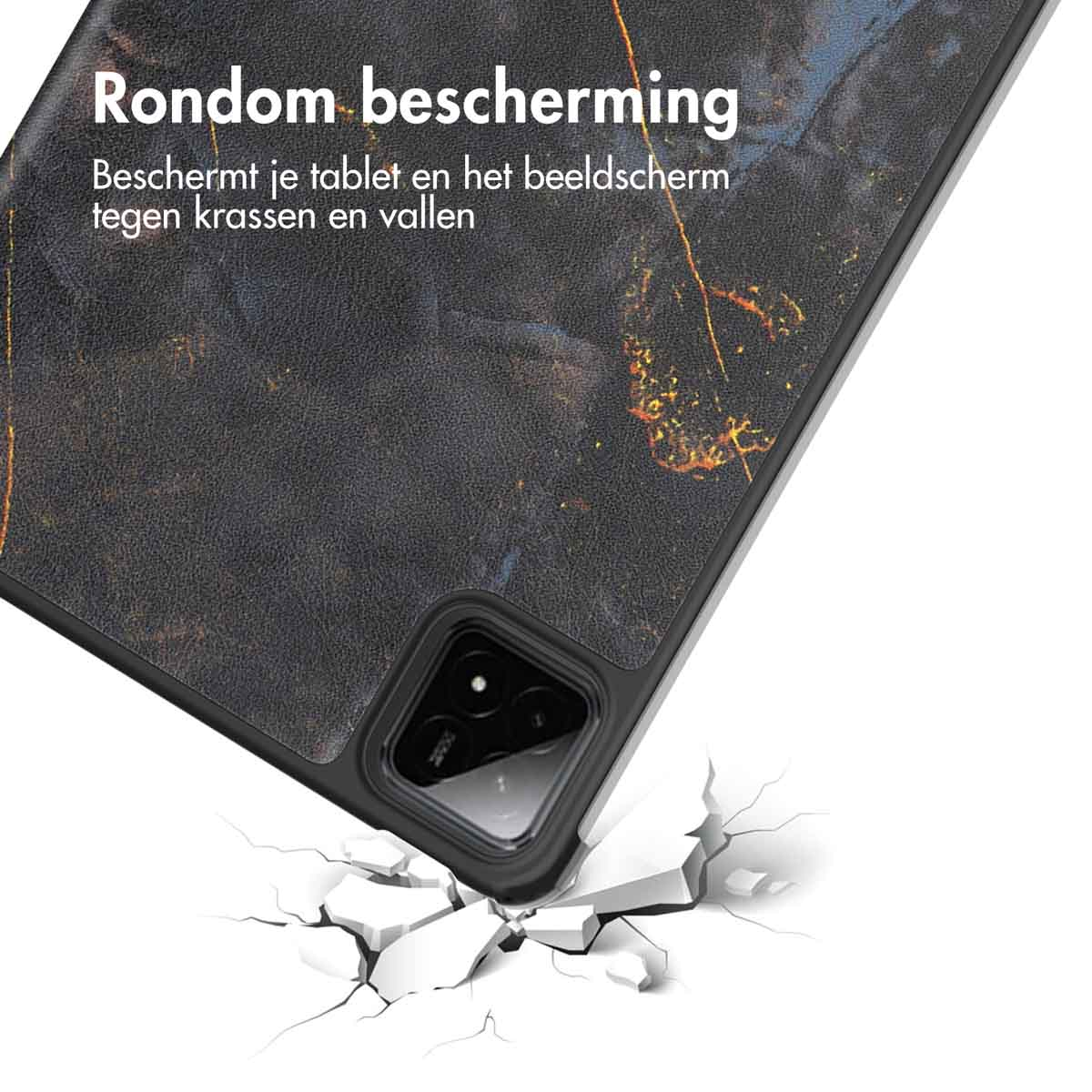 Tablet case with a marble pattern. White cracks are around the edge, showing protection.