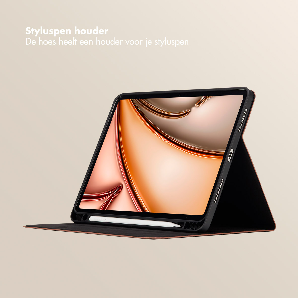 Tablet case with open cover, showing the screen. Stylus holder is visible. Beige background.