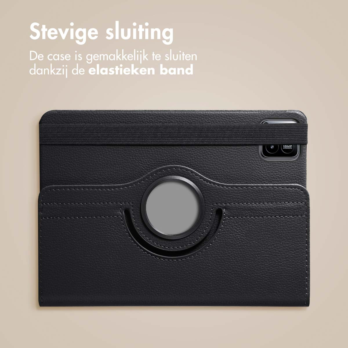 Black tablet case, closed. Features a rotating circle, and a black elastic band. Beige background.