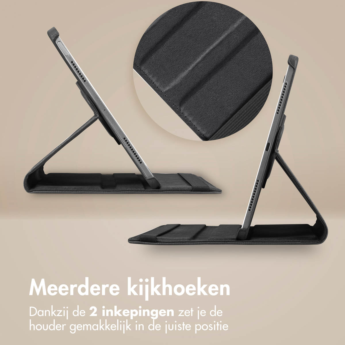 Two tablets in stand positions. A close-up shows the texture. Beige background.