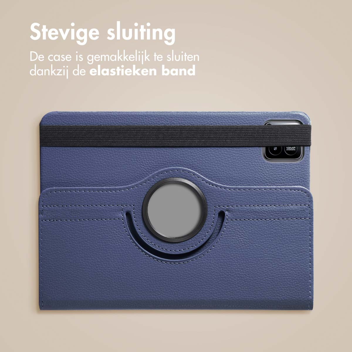 Blue tablet case, closed. Features a rotating circle, and a black elastic band. Beige background.