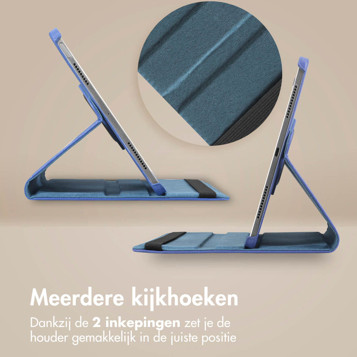 Two tablets in stand positions. A close-up shows the texture. Beige background.