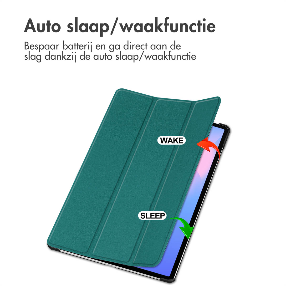 Groene tablethoes, open en dicht. Toont 'WAKE' en 'SLEEP' met pijlen. Witte achtergrond.