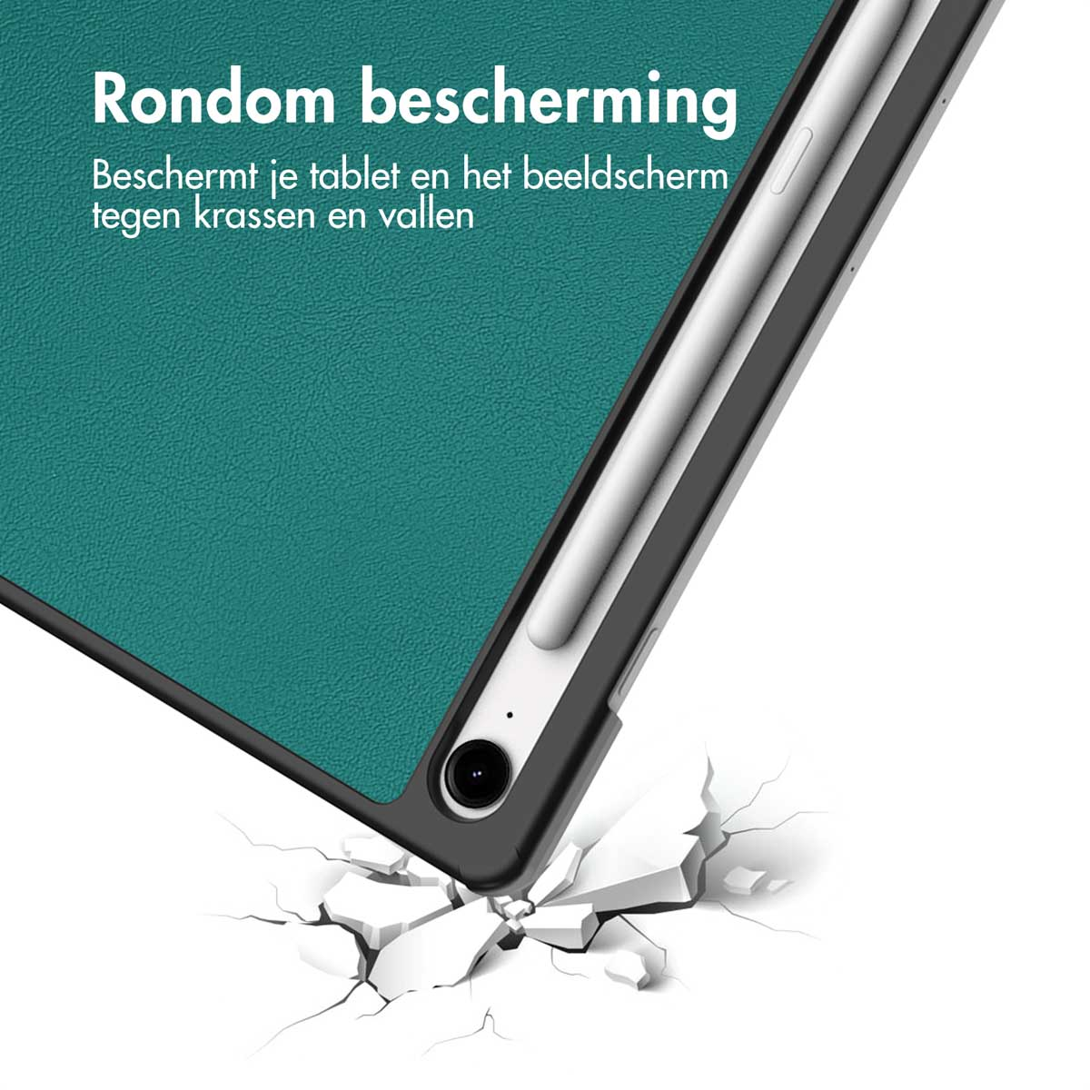 Tablet en hoes met impact. De hoes is groen. Witte achtergrond.