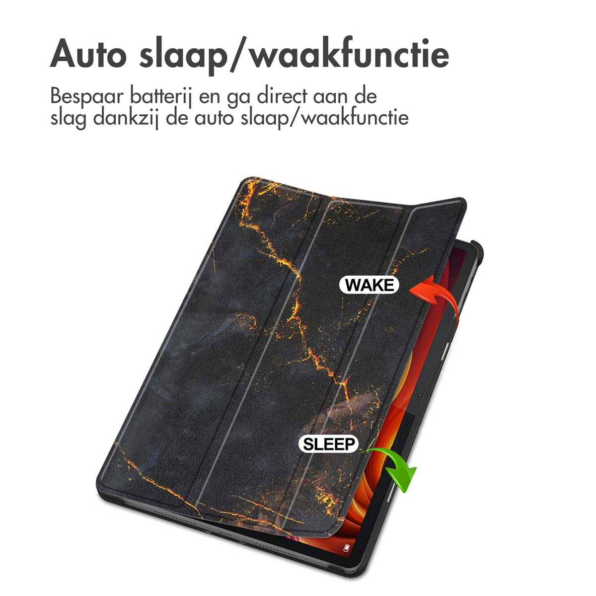 Tablet case, open. Shows 'WAKE' and 'SLEEP' labels with arrows. White background.