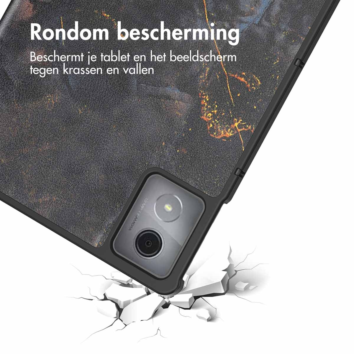 Tablet and case with impact. The case has a dark texture. White background.