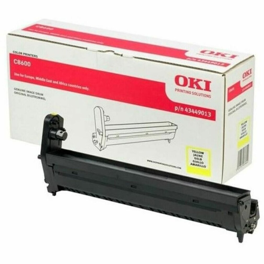 Eine schwarze Druckerpatrone und eine weiße Box mit roten Akzenten. Auf der Box steht OKI und C8600.