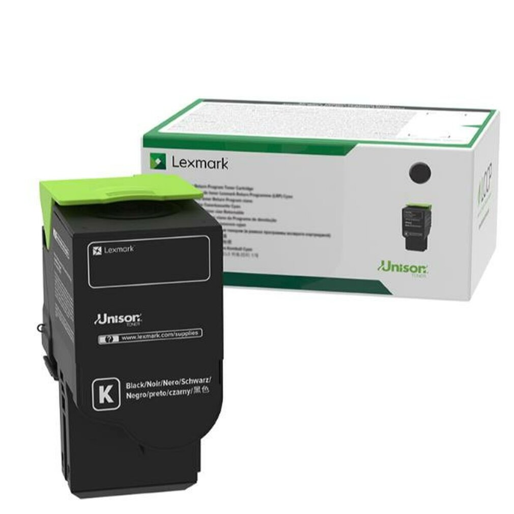 Un cartucho de tóner negro y verde con los logotipos de Lexmark y Unison, con una caja detrás.