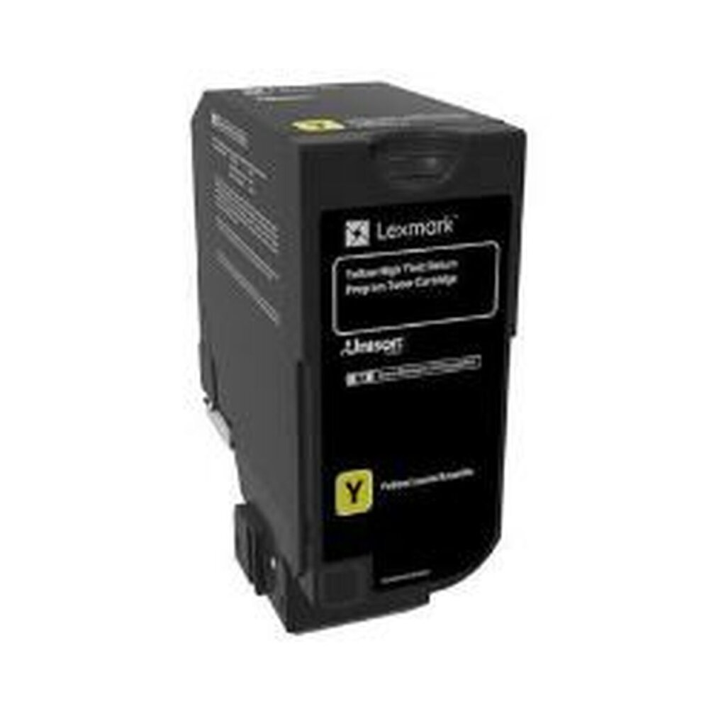 Een zwarte en gele tonercartridge met een geel label. Het is een Lexmark Unison product.