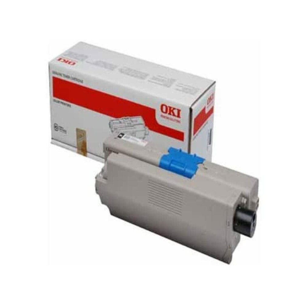 Wkład do drukarki z niebieskim elementem na końcu i białe pudełko z czerwonymi akcentami.