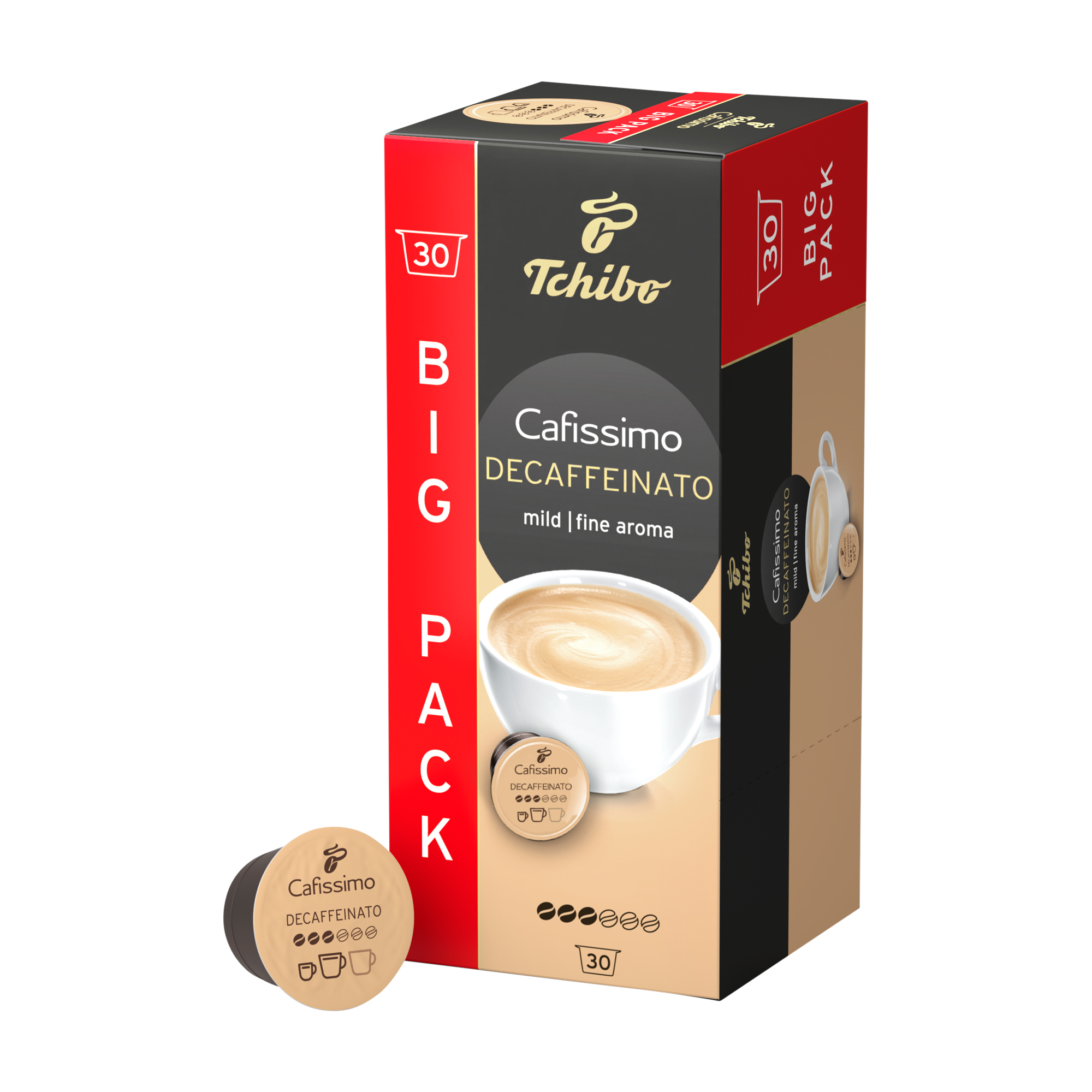 Eine Kaffeepackung mit der Aufschrift 'Cafissimo Decaffeinato'. Enthält eine Box mit Kaffeepads und eine einzelne Kapsel.