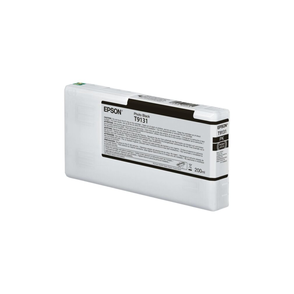 Een Epson Photo Black T9131 inktcartridge in een witte verpakking met zwarte tekst en een waarschuwingslabel.