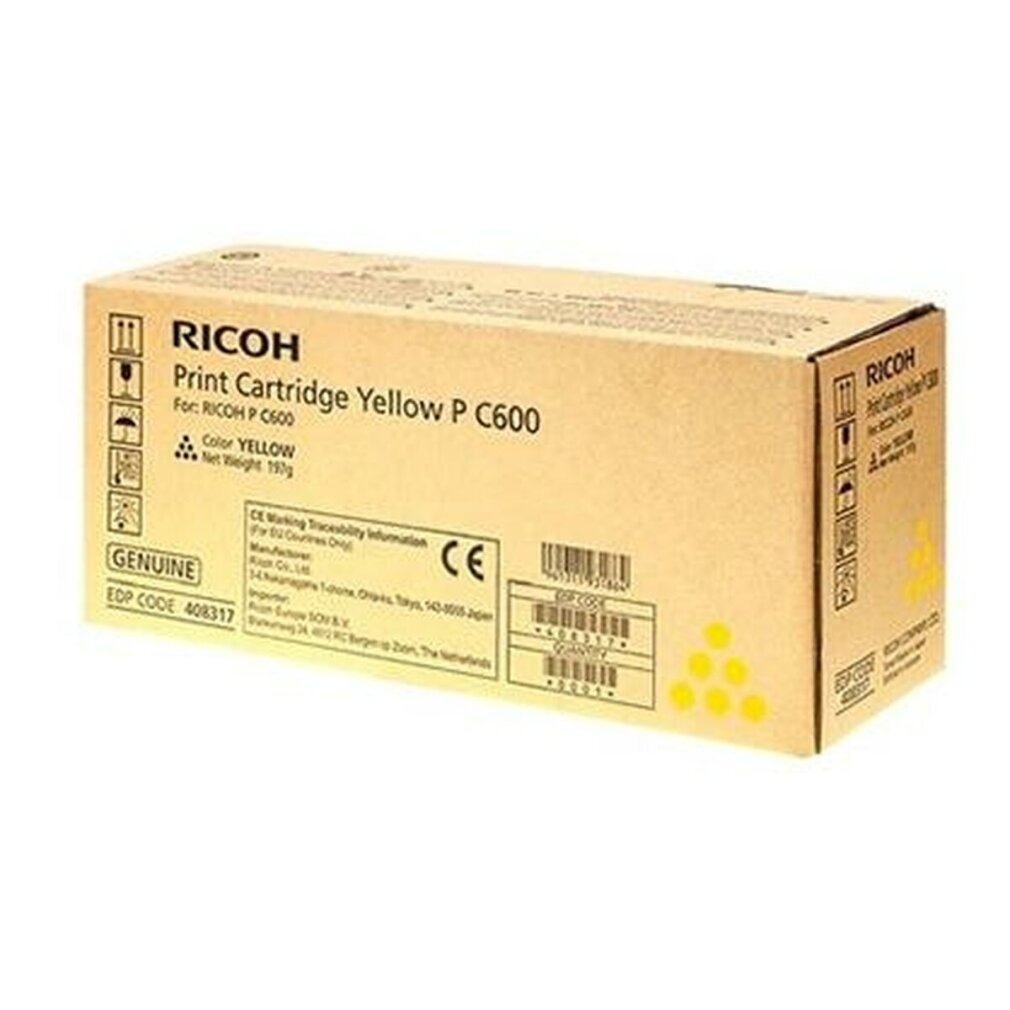 Kartonowe pudełko z etykietą 'RICOH Print Cartridge Yellow P C600'. Zawiera tekst, symbole i kod kreskowy.