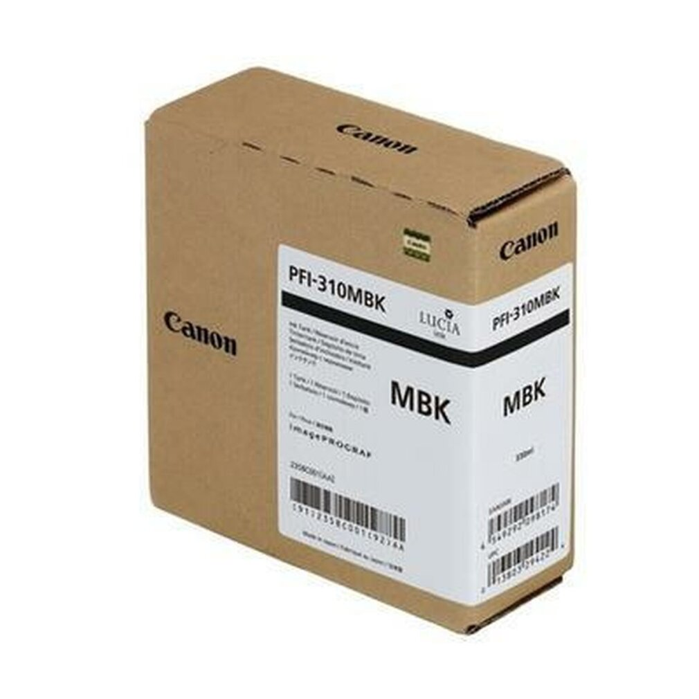 A Canon PFI-310MBK ink cartridge box. The box is cardboard with black text and a barcode. Canon logo is visible.